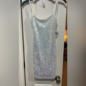 Sequined shimmery, spaghetti, strap party dress, white with iridescent sequins